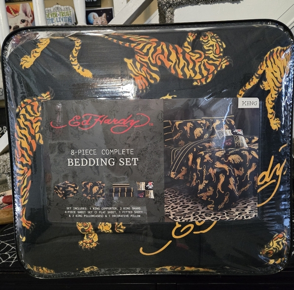 Rare Ed Hardy Crouching Tiger Tattoo KING 8 Pc Bedding Set - Picture 2 of 15